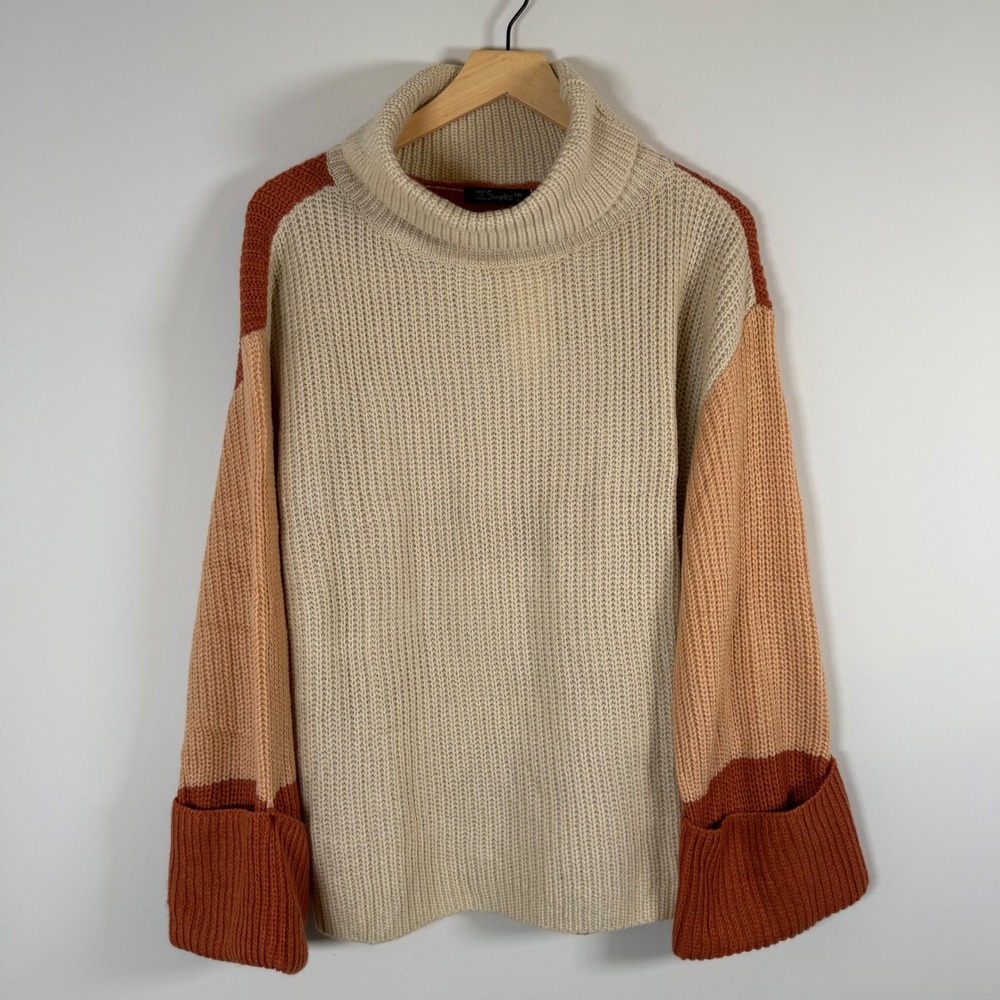 Simplee Ribbed Knit Crochet Color Block Pullover Turtleneck Sweater Large NWT